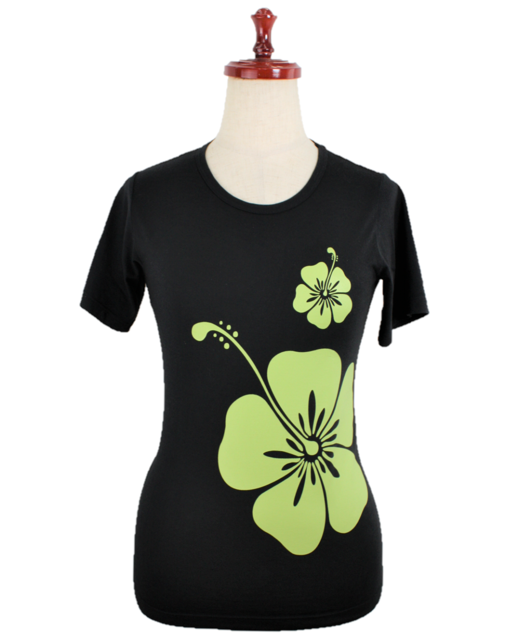 フラTシャツ、黒地にイエロ－のハイビスカス模様