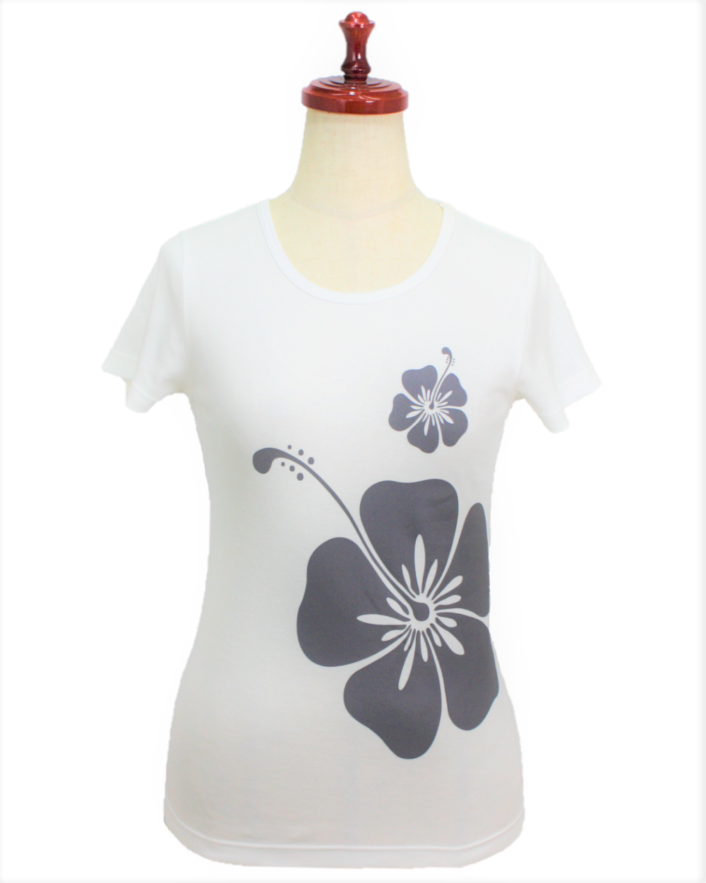 フラTシャツ、白地にアッシュグレイのハイビスカス模様