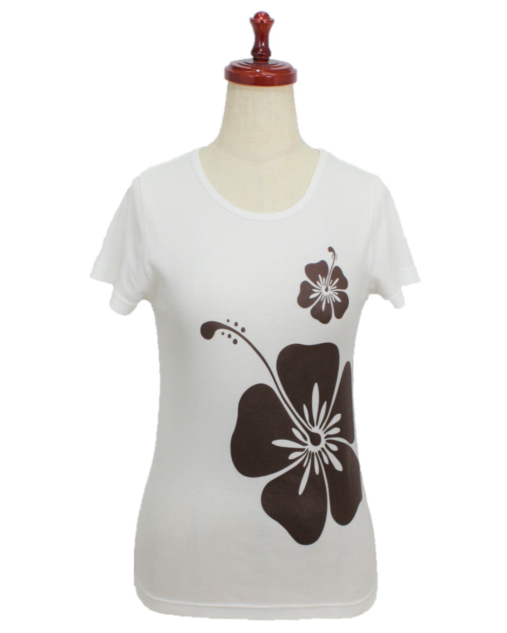 フラTシャツ、白地にチャコ－ルグレイのハイビスカス模様