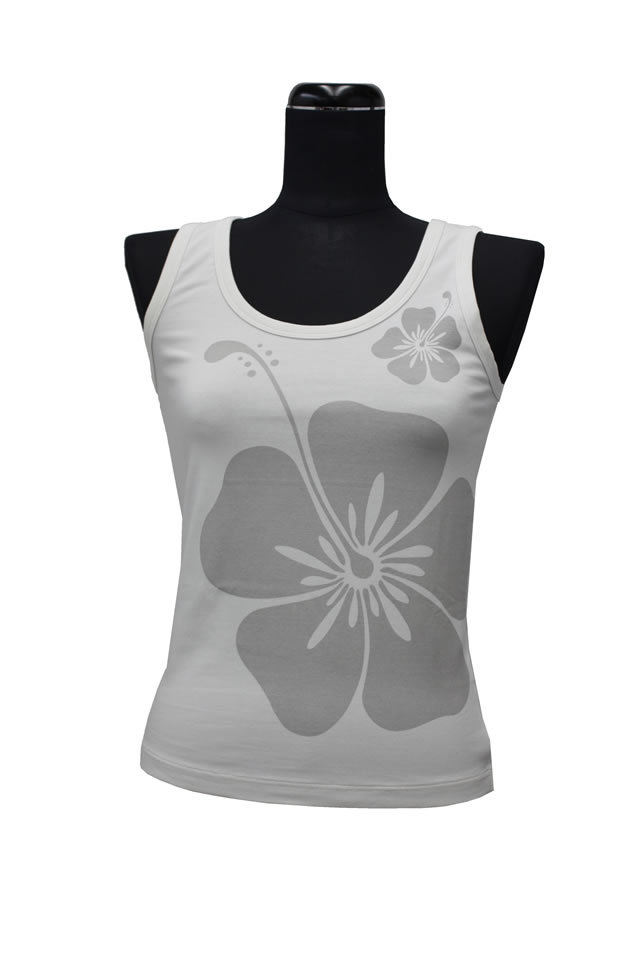 【Mサイズ・Lサイズ】 タンクトップ　白色にパールグレイのハイビスカス柄　tt-0065　