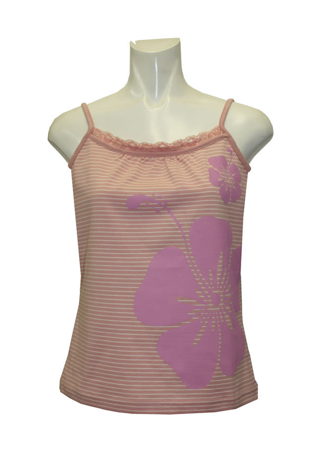 ローズピンクの白ボーダ－柄に、ピンクのハイビスカス模様のキャミソ－ル