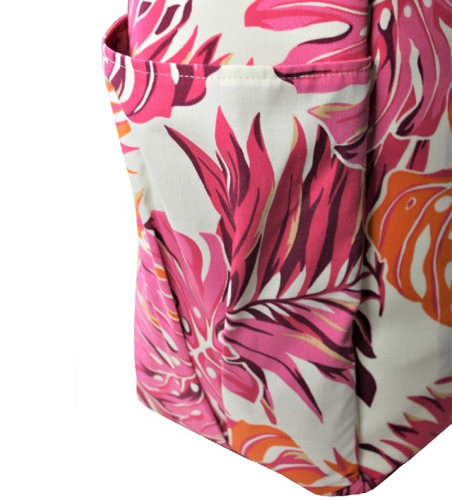 生成り地にピンク、オレンジ。えんじの大きなラウアエの葉模様がすてきなポケットいっぱいのバッグ