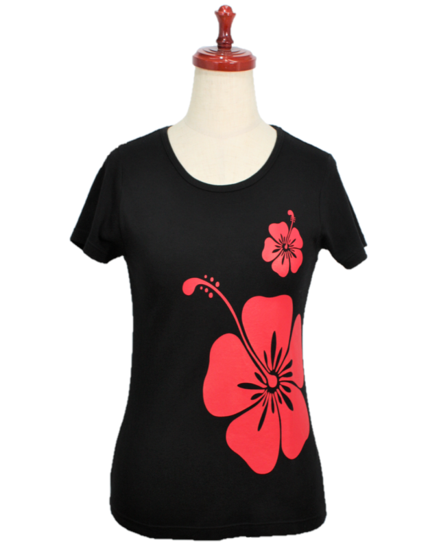 フラTシャツ【HANA ALOHA】黒に、赤のハイビスカス柄の