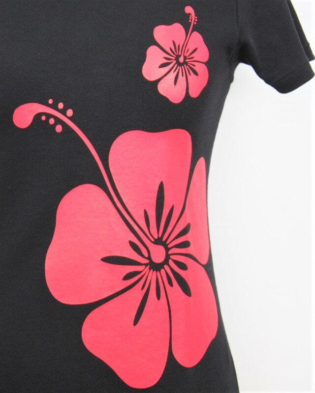 フラTシャツ【HANA ALOHA】黒に、赤のハイビスカス柄の