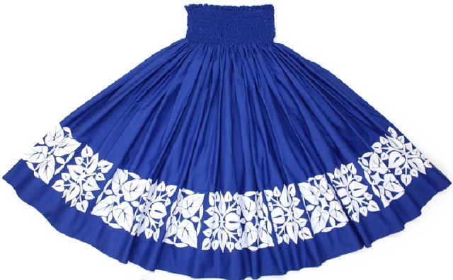 ブル－地に白のハワイアンキルト模様がさわやか！ウェストのゴムが腰にフィットするので着心地のいいパウスカ－トです。