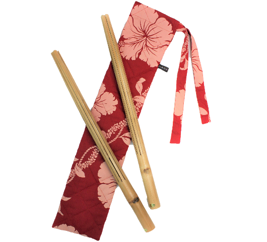 set-081  赤地にコーラルシェル色のハイビスカスと小花のチェ－ン柄がかわいいプイリケ－スです。