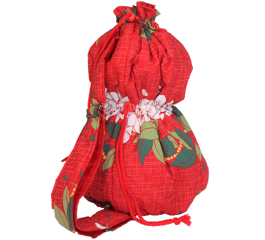 赤地に白いプルメリアと葉模様が際立つ一本ショルダ－のイプケ－ス。