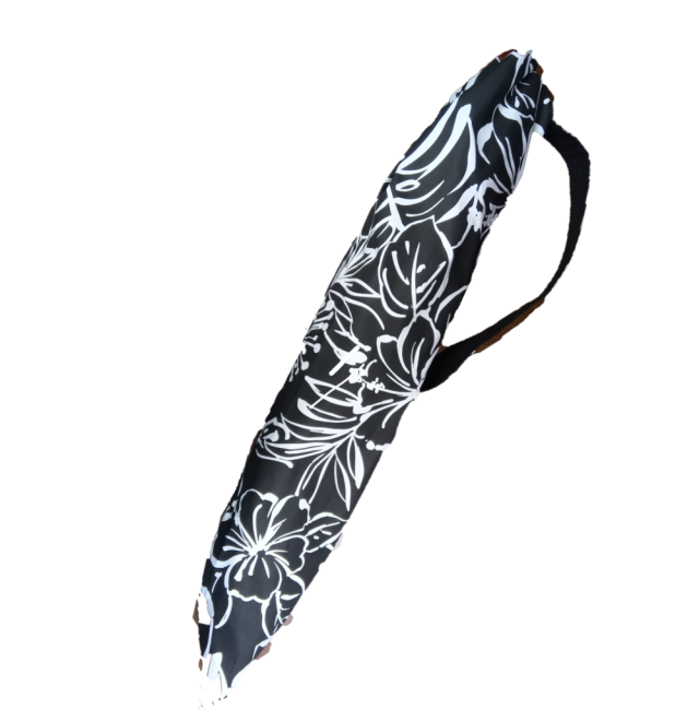 set-168パウケース　黒地に大きなレフアとハイビスカス模様の肩にかけるとても使いやすいショルダータイプ