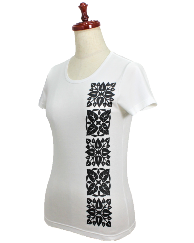 フラTシャツ【HANA ALOHA】白に、黒のハワイアンキルト柄の