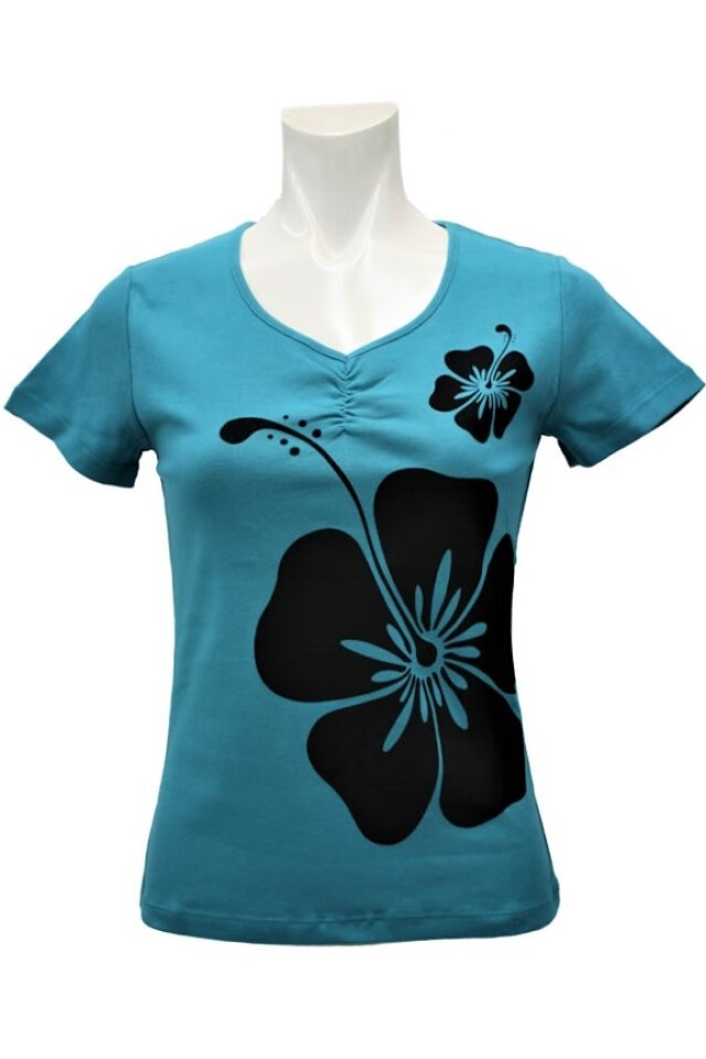 【沖縄限定】#fr2GOLF 半袖Tシャツ 黒×ターコイズブルー 新作 XL 半袖 ターコイズブルーのフラTシャツ vネックギャザー 黒の