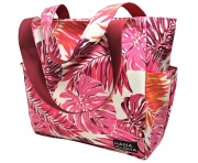 生成り地にピンク、オレンジ。えんじの大きなラウアエの葉模様がすてきなポケットいっぱいのバッグ