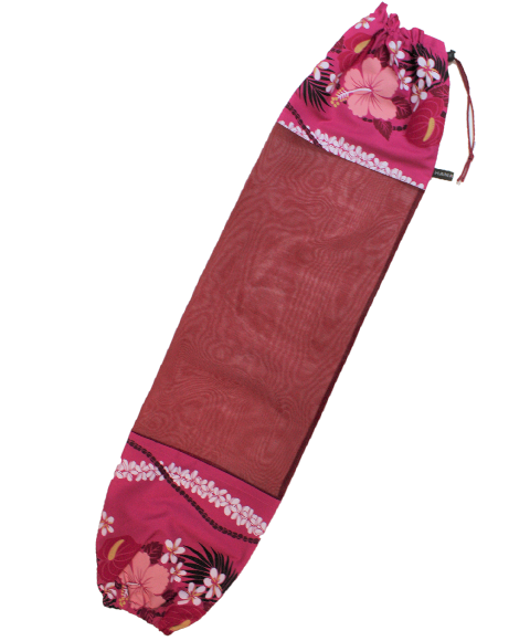 ピンク地にピンクのハイビスカスと白い小さなプルメリアがいっぱい。オ－ガンディ－使用のパウケ－ス