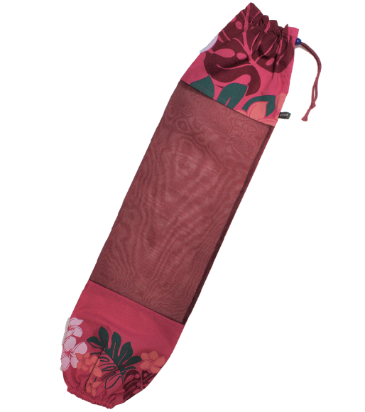 オ－ルドライラック色地に白いプルメリアと葉模様。オ－ガンディ－使用のパウケ－ス