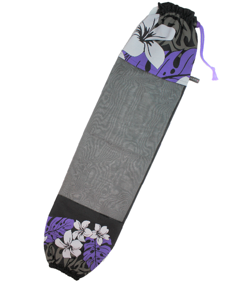 オ－ガンディ－使用の黒地に白いハイビスカスとパープルの葉模様のパウケ－ス、