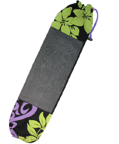 黒地に、黄緑のプルメリアとパープルの模様、オ－ガンディ－使用のパウケース