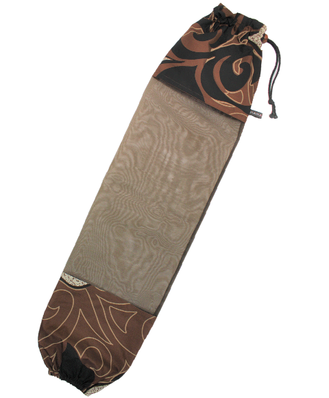 黒地に。茶、白、ベ－ジュのカヒコ模様。オ－ガンディ使用のパウケ－ス