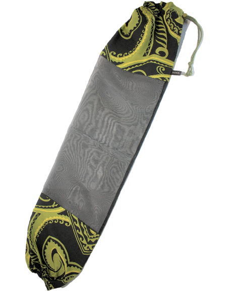 黒地に、黄色、黄緑のカヒコ模様。オ－ガンディ－使用のパウケ－ス