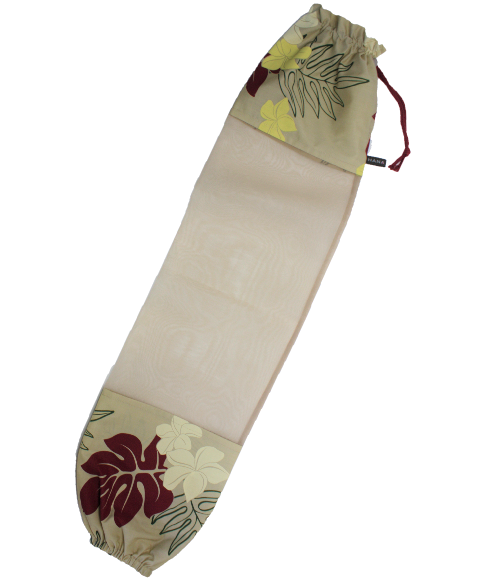 ベ－ジュ地に、白のプルメリアとえんじの葉模様。オ－ガンディ－使用のパウケ－ス