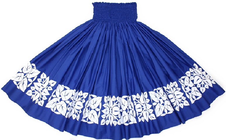 ブル－地に白のハワイアンキルト模様がさわやか！ウェストのゴムが腰にフィットするので着心地のいいパウスカ－トです。