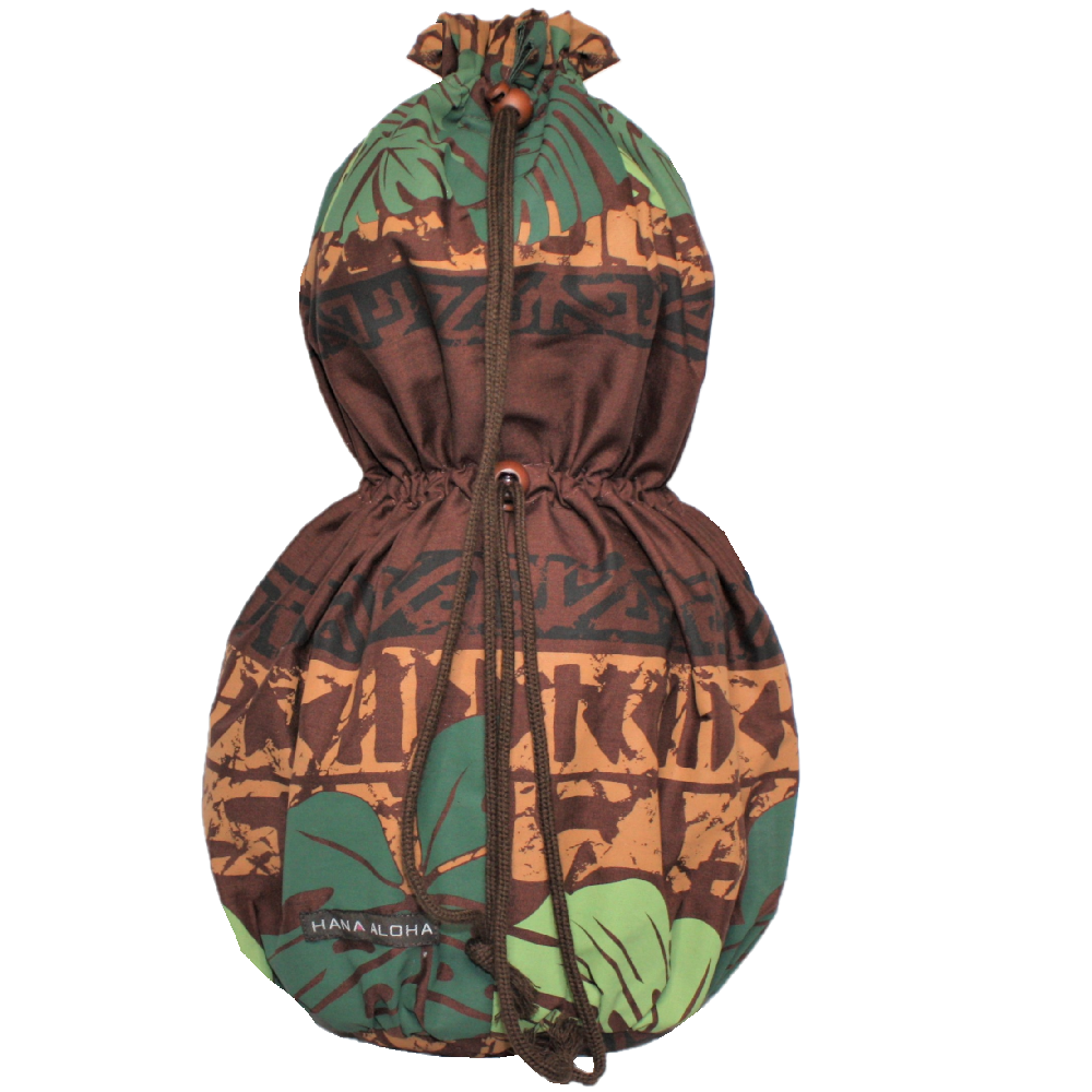 茶色地にグリ－ンのモンステラのカヒコ柄、使いやすいHANAALOHAオリジナルのイプケ－ス