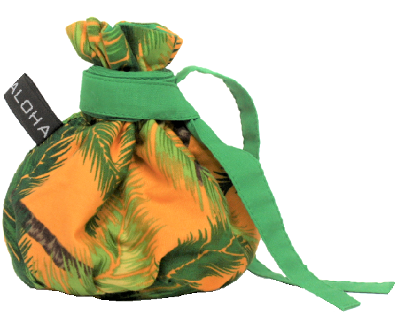 山吹色地に緑のヤシの木模様。紐と裏地のグリ－ンが模様とマッチしています。イリイリケース