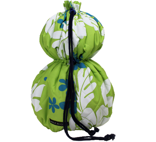 黄緑地に白い葉模様が映える巾着タイプのイプケ－ス