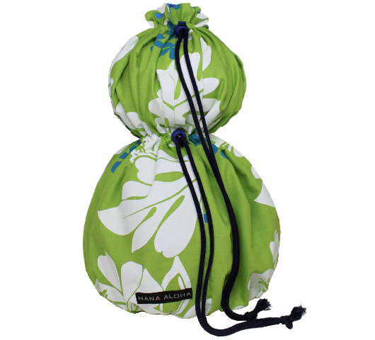 黄緑地に白い葉模様が映える巾着タイプのイプケ－ス