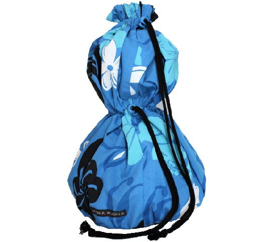 ブル－地に、ターコイズブル－のハイビスカス模様、白の小さなプルメリアがかわいい、使いやすい巾着型のイプケ－ス