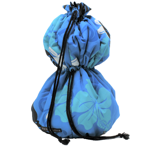 ブル－地に、ターコイズブル－のハイビスカス模様、白の小さなプルメリアがかわいい巾着型のイプケ－ス