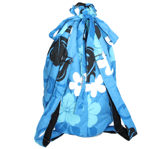 水色地に白の小花とアイスグリ－ンのハイビスカス模様。リュックタイプのイプケ－ス