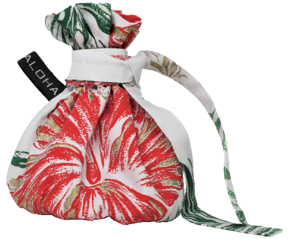 白地に赤いハイビスカス模様の中を縫うゴールドの帯がすてきなイリイリケ－ス黄緑地