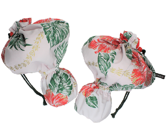 set-113  白地に赤とゴールドのハイビスカス模様。一体型のウリウリケ－ス