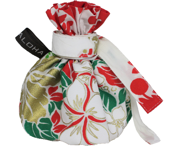 set-120　白地に、赤、緑、ゴールドの花と葉模様。裏地の赤がマッチしてすてきなイリイリケース