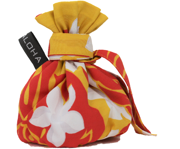 黄色地に、白い小さなプルメリアと赤い葉模様のイリイリケ－ス