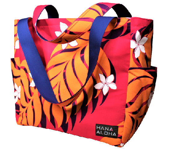 set-160 ローズピンク地にコーラルピンクのモンステラ、白い小さなプルメリア模様のご旅行にも最適なHANAALOHAオリジナルのバッグ。