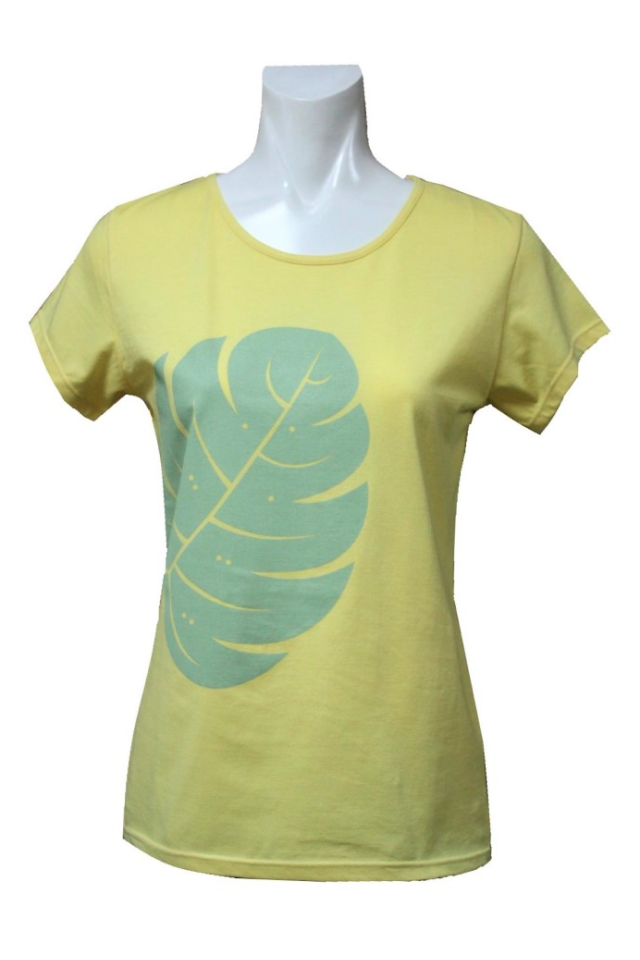 イエロ－にタ－コイズのモンステラ模様。