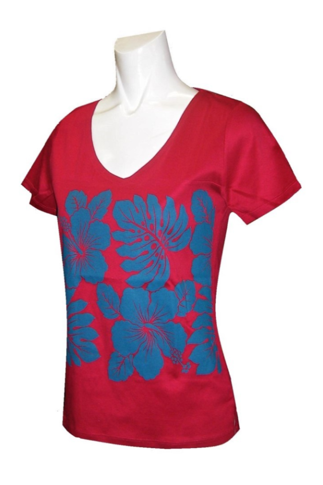 赤地にブル－のハイビスカス模様。