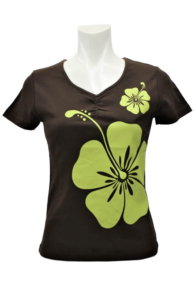 茶色地に黄緑のハイビスカス柄のフラダンスTシャツ