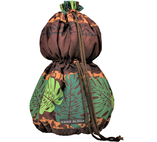 茶色地に緑のモンステラのカヒコ柄。巾着型イプケ－ス