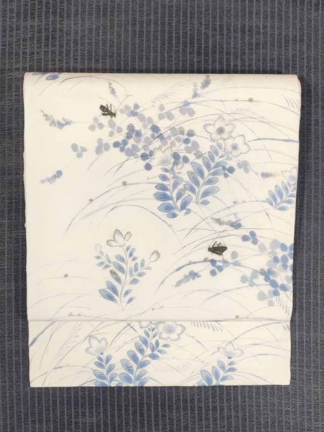 秋草に鈴虫文様 型染めに手刺繍 絽 名古屋帯　