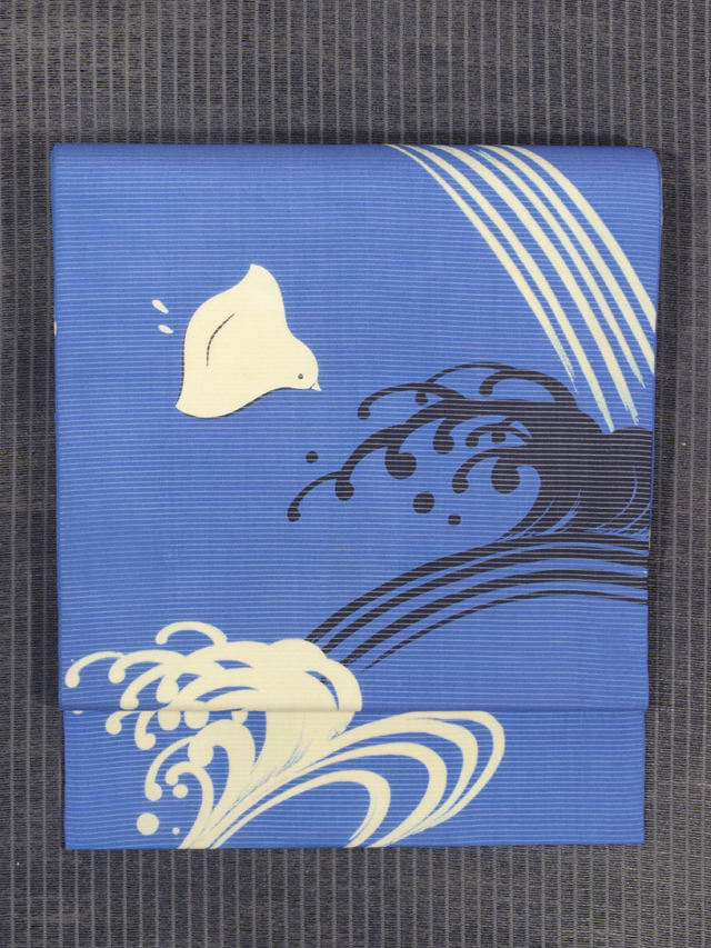波に千鳥文様 型染め 絽 名古屋帯　