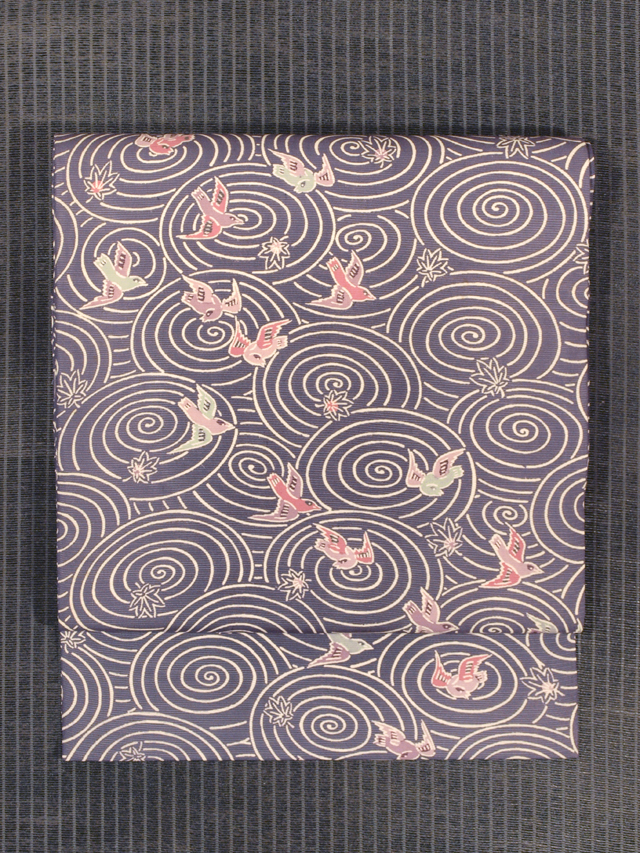 水紋に楓と鳥文様 型染め 絽 名古屋帯　
