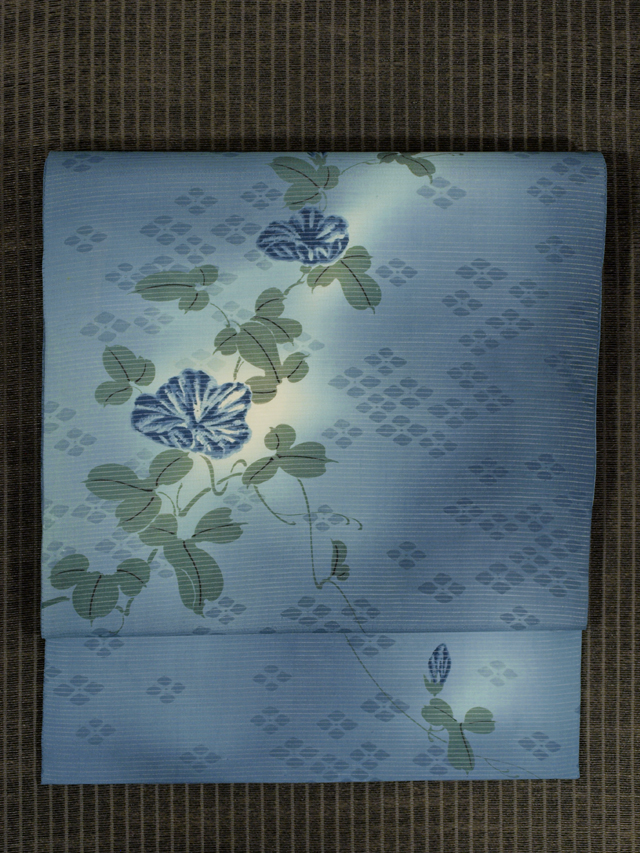 紫陽花に朝顔文様 型染め 絽 名古屋帯　