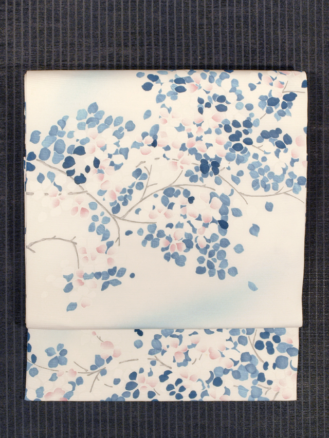 草花文様 型染め 絽 名古屋帯　