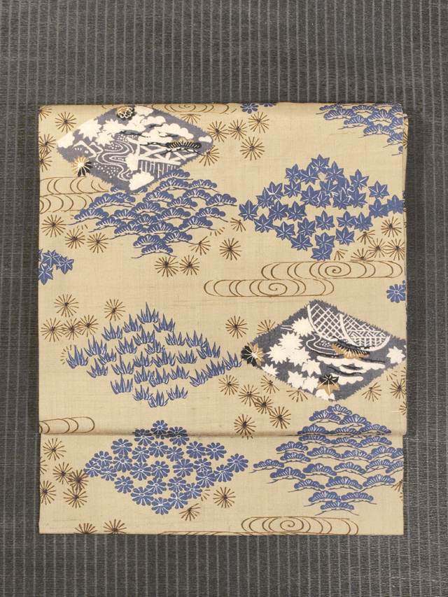 菱に観世水と草花文様 型染め 名古屋帯