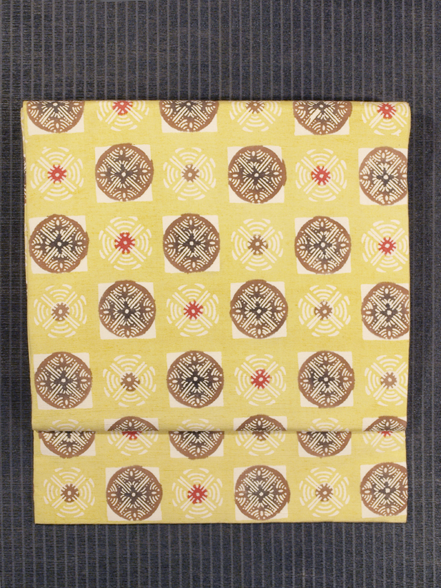 帯のアトリエ花邑 hanamura 銀座 「丸に幾何学文様 型染め 紬 名古屋帯」