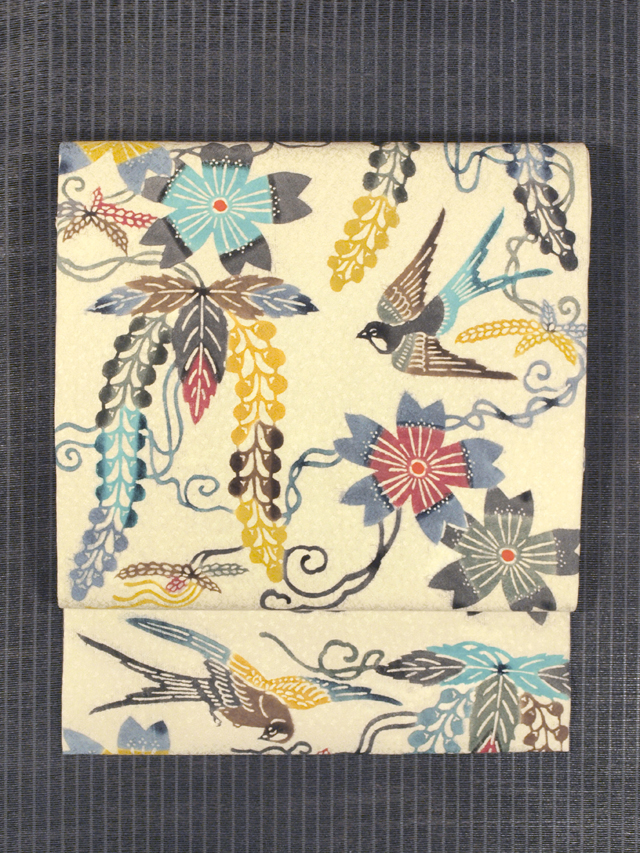 桜と藤にツバメ文様 型絵染め 名古屋帯