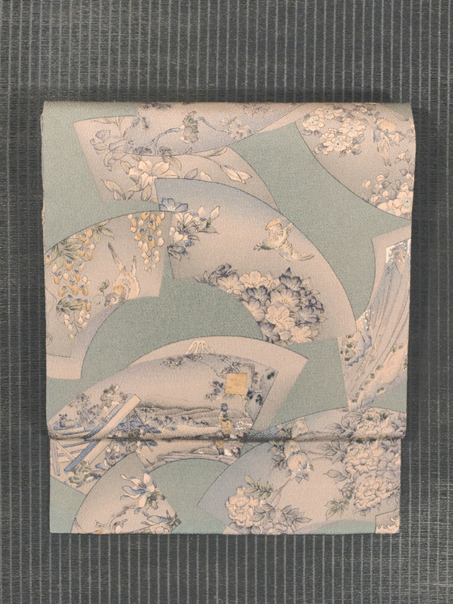 地紙に花鳥風月文様 型染め 名古屋帯　