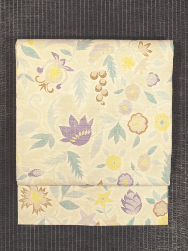 葡萄に花唐草文様 型染め 紬 名古屋帯