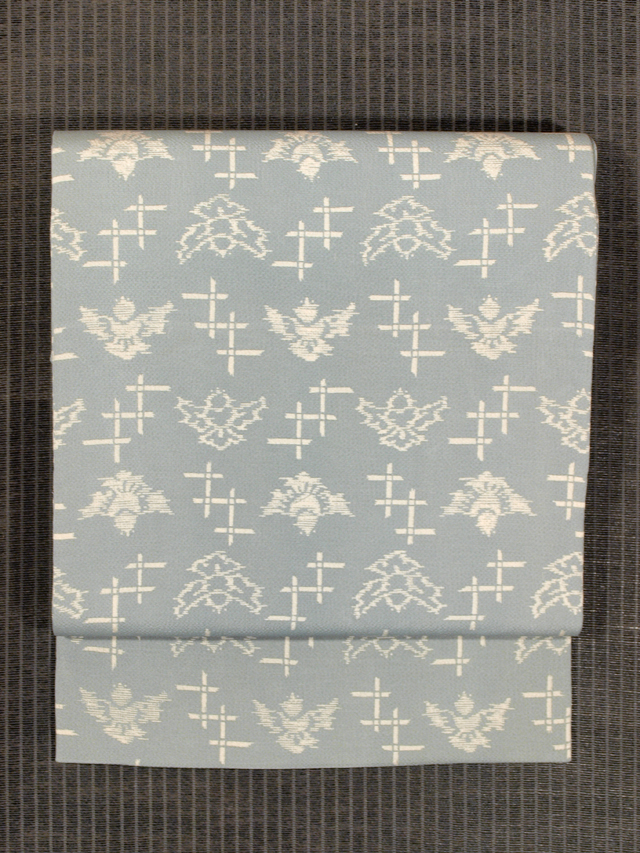 竹垣に福良雀文様 型染め 名古屋帯　